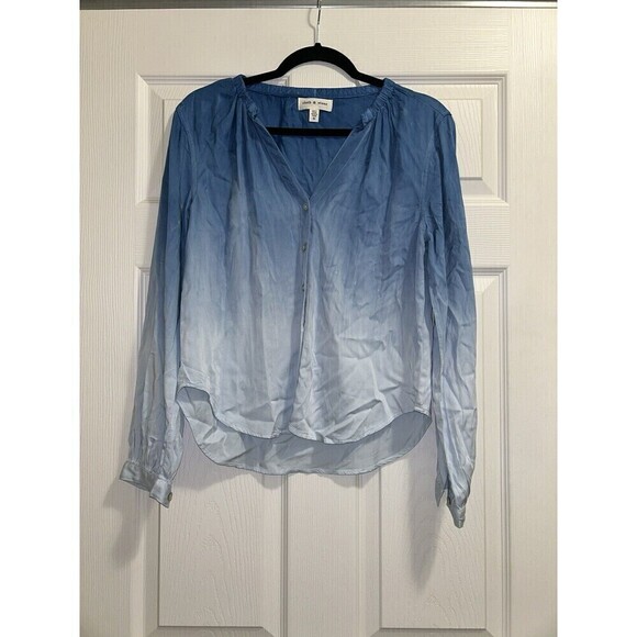 Anthropologie Cloth and Stone Top Shirred Button Down Blue Ombré XS - Picture 5 of 11